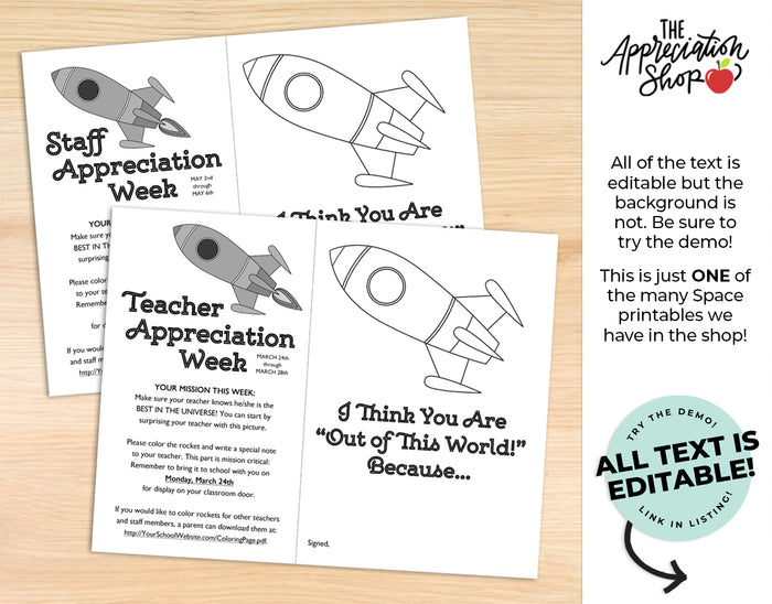 Spaced themed Teacher and Staff Appreciation Coloring Sheet - The Appreciation Shop