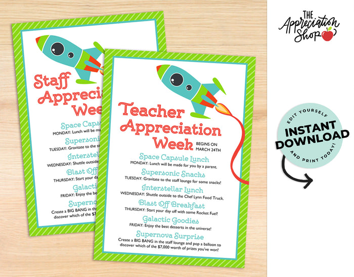 Staff themed Teacher and Staff Appreciation Week Invitation/Itinerary - The Appreciation Shop
