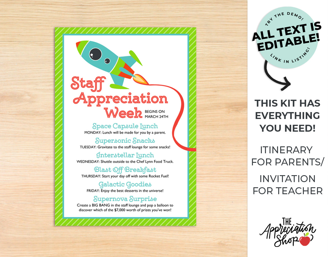 Space themed Teacher Appreciation Week Bundle for Room Parents - The Appreciation Shop