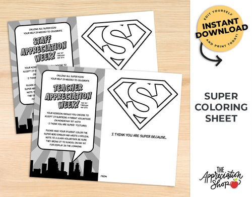 Superhero themed Teacher and Staff Appreciation Coloring Sheet - The Appreciation Shop