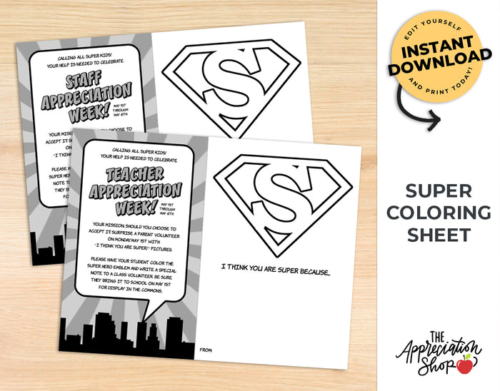 Superhero themed Teacher and Staff Appreciation Coloring Sheet - The Appreciation Shop