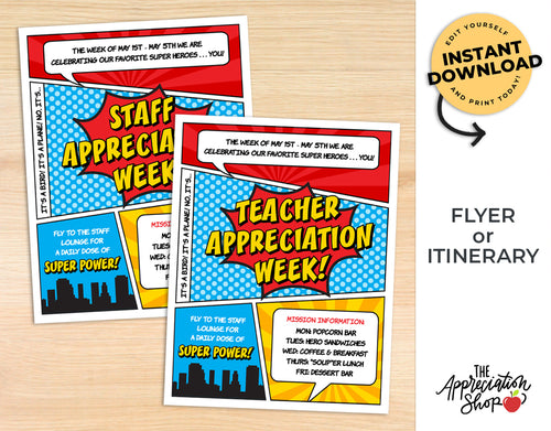 Superhero themed Teacher and Staff Appreciation Week Flyer/Itinerary - The Appreciation Shop