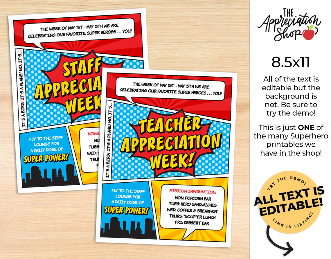 Superhero themed Teacher and Staff Appreciation Week Flyer/Itinerary - The Appreciation Shop