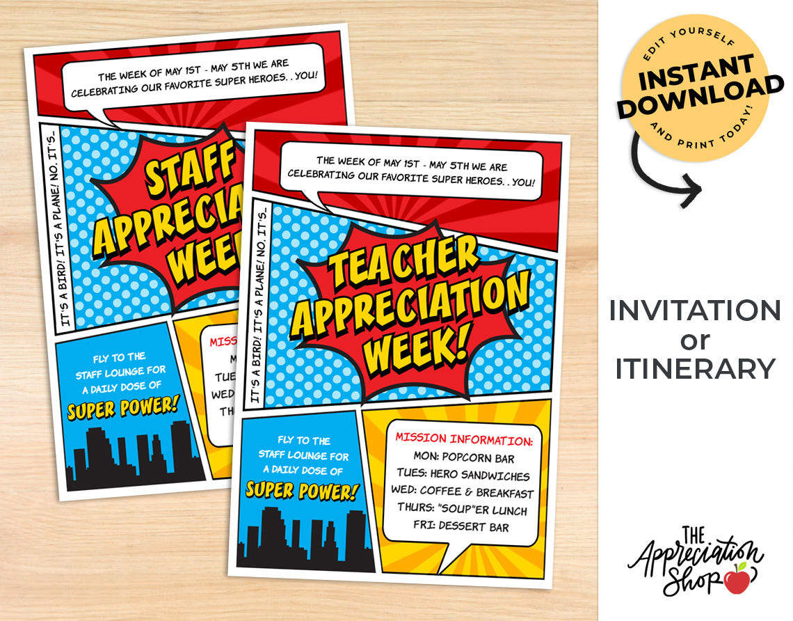 Superhero themed Teacher and Staff Appreciation Week Invitation/Itinerary - The Appreciation Shop