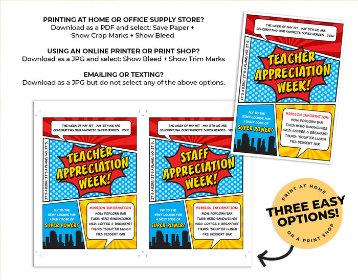 Superhero themed Teacher and Staff Appreciation Week Invitation/Itinerary - The Appreciation Shop