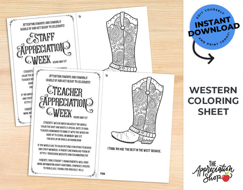 Western themed Appreciation Coloring Sheet (Fully Editable) - The Appreciation Shop