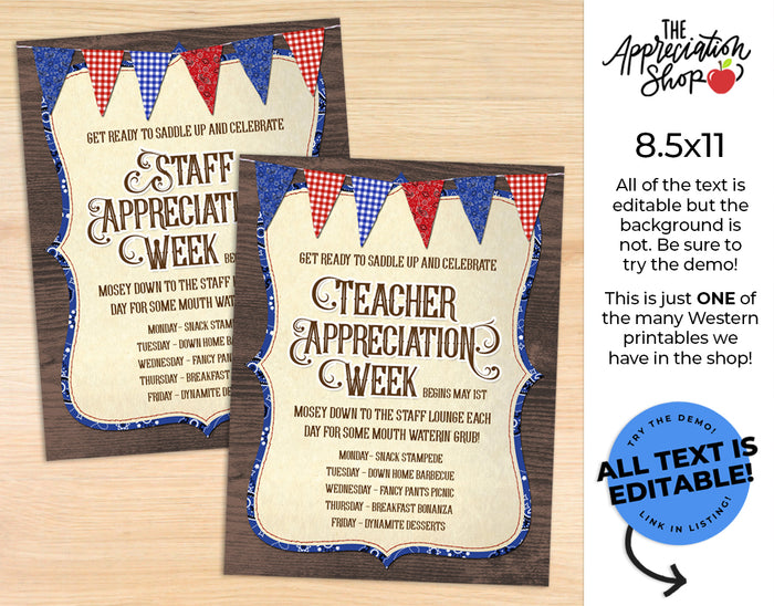 Western themed Teacher and Staff Appreciation Week Flyer/Itinerary - The Appreciation Shop