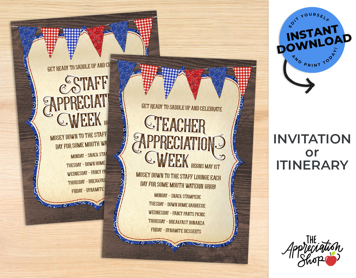 Western themed Teacher and Staff Appreciation Week Invitation/Itinerary - The Appreciation Shop