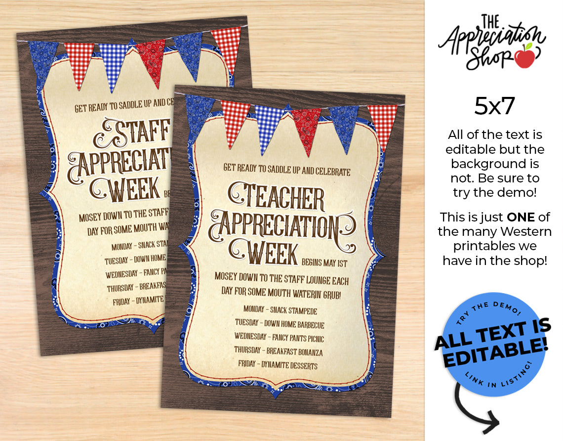 Western themed Teacher and Staff Appreciation Week Invitation/Itinerary - The Appreciation Shop